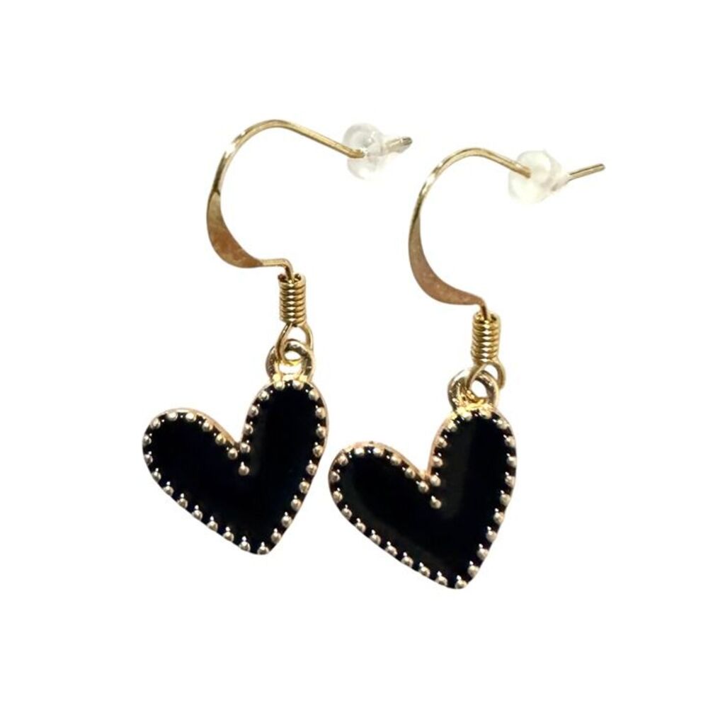 Indio Jewelry Black Enamel and Gold Metal Heart Earrings #2228